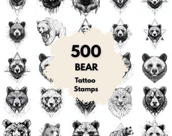 500 Bear Geometric Tattoo Stamps, Procreate Tattoo Brushes, Photoshop Tattoo Brushes, Geometric Bear Tattoo Set, Wildlife Line Art Flash