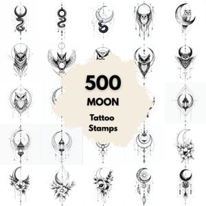 May include: A selection of 500 moon tattoo stamps in monochrome. The designs feature crescent moons, owls, snakes, and floral motifs. The text "500 MOON Tattoo Stamps" is displayed in the centre of the image.