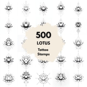 Könnte beinhalten: Eine Sammlung von Tattoo-Stempel-Designs mit Lotusblumen in Schwarzweiß. Das Bild zeigt verschiedene Lotusblumen-Illustrationen mit geometrischen Akzenten und den Text "500 LOTUS Tattoo Stamps" in der Mitte.