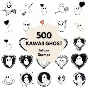 May include: A selection of 500 Kawaii Ghost Tattoo Stamps. The black and white illustrations depict adorable ghosts in various designs, including holding balloons, riding brooms, and framed in hearts and moons.