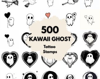 500 Kawaii Ghost Tattoo Stamps, Procreate Tattoo Brushes, Photoshop Tattoo Brushes, Cute Ghost Tattoo Set, Kawaii Spooky Line Art Flash
