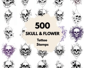500 Skull Flower Tattoo Stamps, Procreate Tattoo Brushes, Photoshop Tattoo Brushes, Floral Skull Tattoo Set