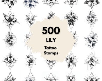 500 Lily Geometric Tattoo Stamps, Procreate Tattoo Brushes, Photoshop Tattoo Brushes, Geometric Lily Tattoo Set