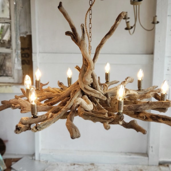 Large Driftwood chandelier, Driftwood Branch light Fitting, 8-10 light chandelier with adjustable chain, Drift Wood Lighting