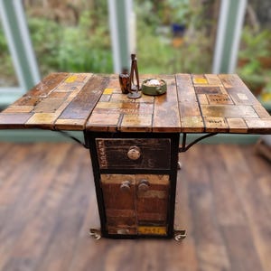 Vintage wood drop leaf kitchen /dining table with storage, on castors or legs. breakfast bar folding table with drawers and cupboard