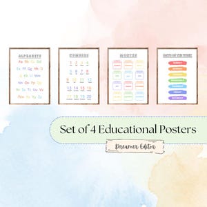 Pósters educativos imprimibles para el aula, pósters infantiles, escuela, aula, preescolar, alfabeto, números, días y meses.