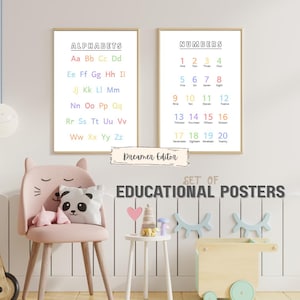 Conjunto de carteles de alfabeto y números, carteles educativos, imprimibles, carteles para el aula, carteles infantiles, escuela, aula, preescolar