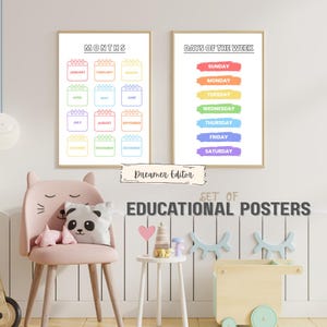 Conjunto de carteles de meses y días, carteles educativos, imprimibles, carteles para el aula, carteles infantiles, escuela, aula, preescolar