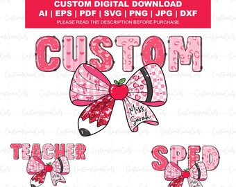 Preppy Custom Valentine Teacher PNG | Coquette Bow Pencil Valentine PNG | Personalized Teacher Name Valentine PNG