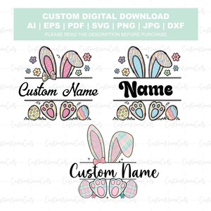 Op de afbeelding: Digitale download met paasontwerpen. De ontwerpen omvatten konijnenoren, pootafdrukken, paaseieren en de tekst "Custom Name" of "Name". Het kleurenpalet omvat pastelroze, blauw en geel.
