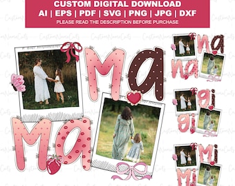 Preppy Mama Valentine Glitter Photo PNG Bundle | Coquette Bow Mama Valentine PNG | Mimi Nana Gigi Mamaw Valentine Sublimation Designs