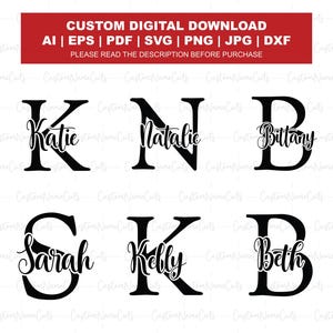 May include: A digital download graphic featuring six names: Katie, Natalie, Brittany, Sarah, Kelly, and Beth. Each name is displayed in a cursive font within a bold, black letter. The top of the image includes text: "CUSTOM DIGITAL DOWNLOAD".