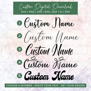 Könnte beinhalten: Eine digitale Download-Grafik mit dem Text "Custom Digital Download" und Dateitypoptionen. Fünf verschiedene "Custom Name"-Textstile werden angezeigt, nummeriert von 1-5. Der Text unten lautet "CHOOSE A NUMBER; WRITE YOUR TEXT; GET YOUR DESIGN."