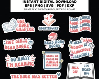 Printable Retro Book Lover Stickers PNG | Book Lover Sticker SVG | Printable Book Stickers | Digital Stickers | Print and Cut Cricut