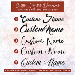 Puede incluir: Gráfico de descarga digital con el texto "Custom Digital Download" y opciones de tipo de archivo. Se muestran cinco ejemplos de "Custom Name" en una fuente cursiva. Las instrucciones dicen "CHOOSE A NUMBER; WRITE YOUR TEXT; GET YOUR DESIGN."
