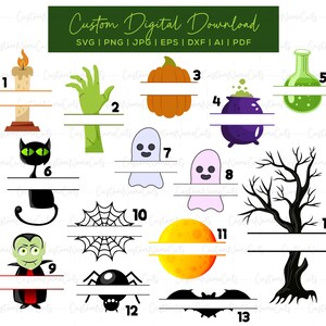 Könnte beinhalten: Eine digitale Download-Grafik mit Halloween-Illustrationen. Enthält eine brennende Kerze, eine Zombiehand, einen Kürbis, einen Kessel, eine Zaubertrankflasche, eine schwarze Katze, einen Geist, ein Spinnennetz, einen Vampir, eine Spinne, einen Vollmond, eine Fledermaus und einen kahlen Baum.