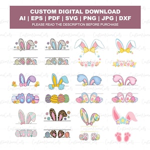 May include: Digital download of Easter-themed designs. The image shows bunny ears, bows, and paw prints in pastel shades. These designs are suitable for crafting and are available in various file formats.