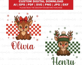 Custom Reindeer Christmas With Kid Names Svg Png | Boy Girl Christmas Png | Cute Christmas Png | Personalized Kids Christmas Png