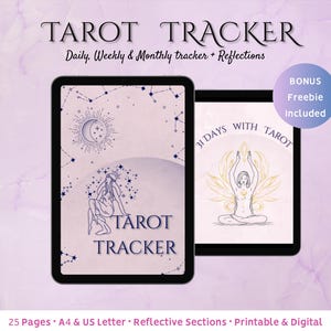 Può includere: Tracker di tarocchi digitale con un design celeste. La copertina presenta una donna, la luna e le stelle. Il testo recita "TAROT TRACKER" e "Daily, Weekly & Monthly tracker + Reflections". Include un omaggio. Stampabile e digitale.