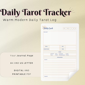 Könnte beinhalten: Eine digitale, druckbare PDF-Tarot-Journalseite mit dem Titel "Daily Tarot Tracker". Die Seite enthält Abschnitte für Tageskarte, Deck, Tag, Uhrzeit, Thema, Fragen, Interpretation und Schlüsselwörter. Das Journal ist im A4- und US-Letter-Format.