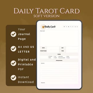 Puede incluir: Una plantilla de página de diario de cartas de tarot diarias digitales mostrada en una pantalla de tableta. El diseño incluye secciones para mazo, día, fase lunar, hora, tema, interpretación y pregunta. El texto dice Daily Tarot Card, Soft Version, Daily Card, M T W T F S S, Draw card, Deck, Day, Moon Phase, Time, Theme, Finances, Love, Spirituality, Social, Work, Health, Emotional Health, Friends, Interpretation, Question y Keywords.