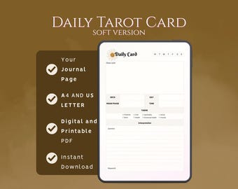 May include: A digital daily tarot card journal page template displayed on a tablet screen. The layout includes sections for deck, day, moon phase, time, theme, interpretation, and question. The text reads Daily Tarot Card, Soft Version, Daily Card, M T W T F S S, Draw card, Deck, Day, Moon Phase, Time, Theme, Finances, Love, Spirituality, Social, Work, Health, Emotional Health, Friends, Interpretation, Question, and Keywords.