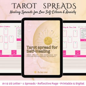 May include: Three digital tablets displaying tarot spreads for self-healing, confidence, and self-esteem. The tablets feature pink and white layouts with text that reads "Tarot Spreads" and "Healing Spreads for Low Self-Esteem & Anxiety."