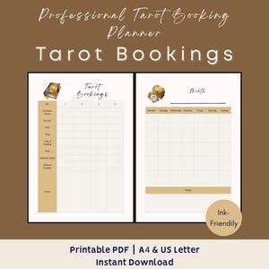 Op de afbeelding: Een professionele tarotboekingsplanner als printbare PDF met twee witte pagina's met beige accenten. De linkerpagina is een raster voor tarotboekingen, de rechterpagina is een maandkalender. Tekst: Professional Tarot Booking Planner, Tarot Bookings, Month, Ink-Friendly.
