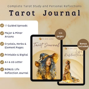May include: A digital tarot journal featuring 124 pages, 17 guided spreads, and sections for Major and Minor Arcana, crystals, herbs, and elements. Includes a bonus Life Reflections journal, available in A4 and US Letter sizes for print or digital use.
