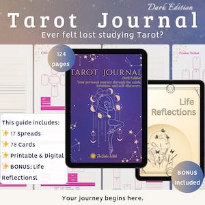 May include: A digital Tarot Journal in a dark edition, featuring a celestial design with a woman and moon phases. Includes 17 spreads, 78 cards, and a bonus Life Reflections guide. The journal is printable and digital.