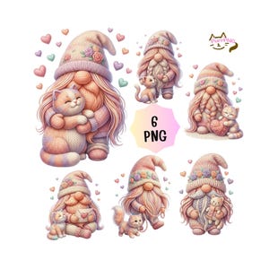 May include: A collection of six PNG images featuring whimsical gnomes with long beards and pointed hats. Each gnome is depicted with a kitten, surrounded by heart-shaped accents. The color palette includes soft pinks, peaches, and creams.