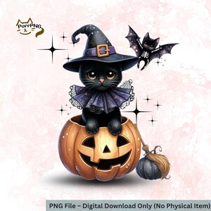Halloween Cat in Pumpkin PNG: Witch Clipart, Spooky Digital Download