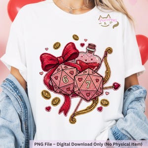 May include: White t-shirt featuring a graphic design with pink dice, a red bow, a potion bottle, and a golden bow and arrow. The dice have the numbers 6 and 7. The design includes hearts and coins. Text at the bottom reads: PNG File - Digital Download Only (No Physical Item).