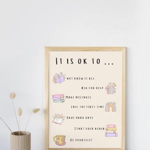 May include: A framed print with the text "IT IS OK TO..." followed by inspirational phrases and illustrations. The phrases include "NOT KNOW IT ALL," "MAKE MISTAKES," and "BE YOURSELF!" The frame is light brown.