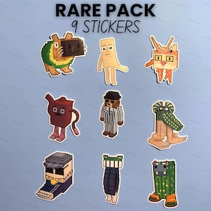 May include: A collection of nine pixelated character stickers. The stickers feature various designs, including a bear with a camera, a person, a rabbit, a teapot, a bear in a suit, an alligator, a building, a bomb, and a hippo. The text "RARE PACK 9 STICKERS" is at the top.