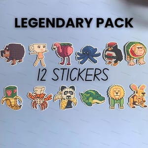 May include: A pack of 12 stickers featuring pixelated animal designs. The stickers include a hedgehog, a cup-headed person, a flamingo-strawberry hybrid, an octopus, a penguin, a monkey-watermelon hybrid, a monkey-banana hybrid, a crab, a panda, a crocodile, a lion, and a kangaroo.