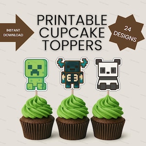 Mine Pixel Crafter Cupcake Toppers: 24 Printable Designs (PDF Download)