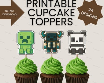 Mine Pixel Crafter Cupcake Toppers: 24 Printable Designs (PDF Download)
