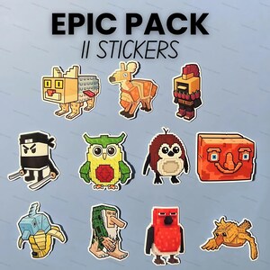 May include: A collection of eleven pixelated stickers featuring various creatures and characters. The stickers include a ninja, an owl, a penguin, and other unique designs. The text "EPIC PACK II STICKERS" is displayed at the top.