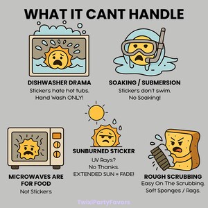 May include: A graphic with text and illustrations detailing what stickers cannot handle: dishwashers, soaking, microwaves, sun exposure, and rough scrubbing. The illustrations feature a sad sun character.