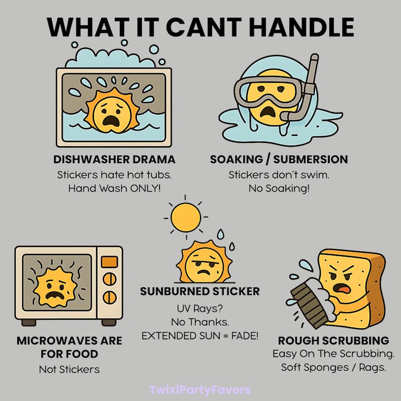 May include: A graphic with text and illustrations detailing what stickers cannot handle: dishwashers, soaking, microwaves, sun exposure, and rough scrubbing. The illustrations feature a sad sun character.