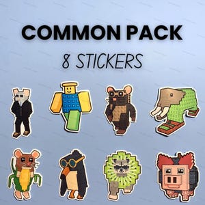 May include: A pack of eight stickers featuring pixelated animal and character designs. The stickers include a mouse in a suit, a yellow and blue figure, a mouse with goggles, an elephant, a mouse with a green outfit, a penguin with sunglasses, a raccoon, and a pig. The text "COMMON PACK" and "8 STICKERS" are at the top.