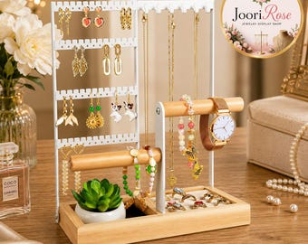 4-Tier Jewelry Organizer, Earring Necklace Bracelet Holder, Wood and Metal