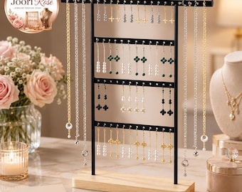 4-Tier Jewelry Organizer Stand, Earring & Necklace Holder, Wood Base