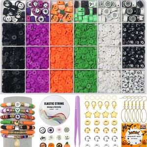 May include: A multi-compartment organizer box filled with assorted flat round clay beads in black, purple, orange, green, and white, plus Halloween-themed charms, elastic string, gold-tone earring hooks, metal spacer beads, and tweezers.