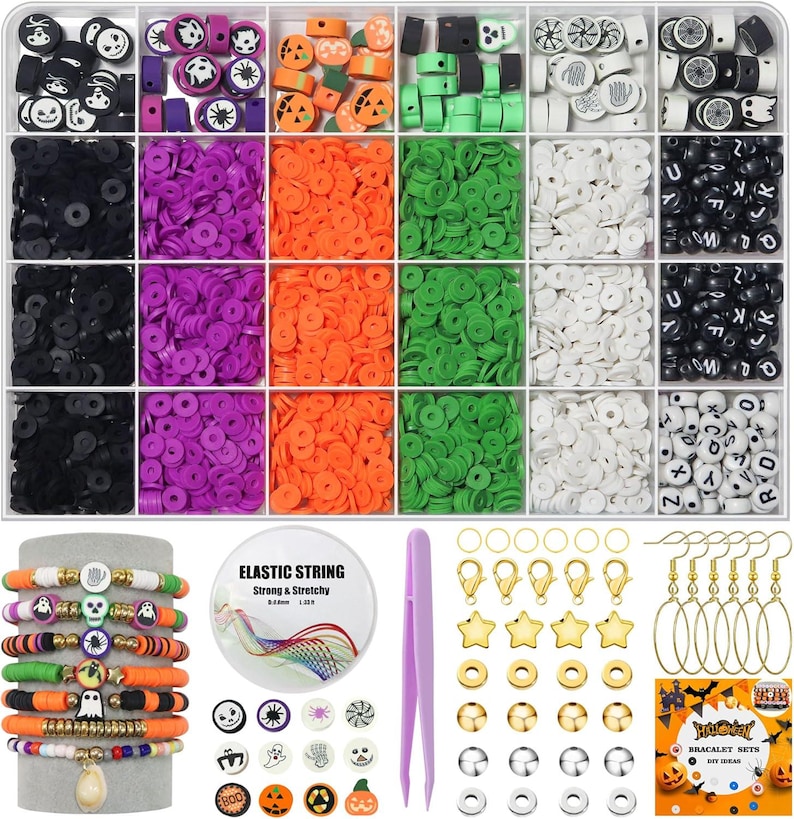 May include: A multi-compartment organizer box filled with assorted flat round clay beads in black, purple, orange, green, and white, plus Halloween-themed charms, elastic string, gold-tone earring hooks, metal spacer beads, and tweezers.