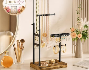 Adjustable Necklace Holder Stand, Rotatable Metal & Wood Jewelry Organizer