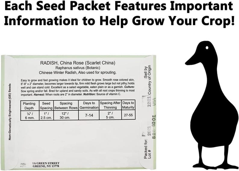 Op de afbeelding: Een rechthoekig zaadzakje voor China Rose radijzen met een zwart silhouet van een eend. Het zakje bevat tekst met details over plantdiepte, onderlinge afstand en kiemtijden in centimeters, samen met instructies voor het kweken van het gewas.
