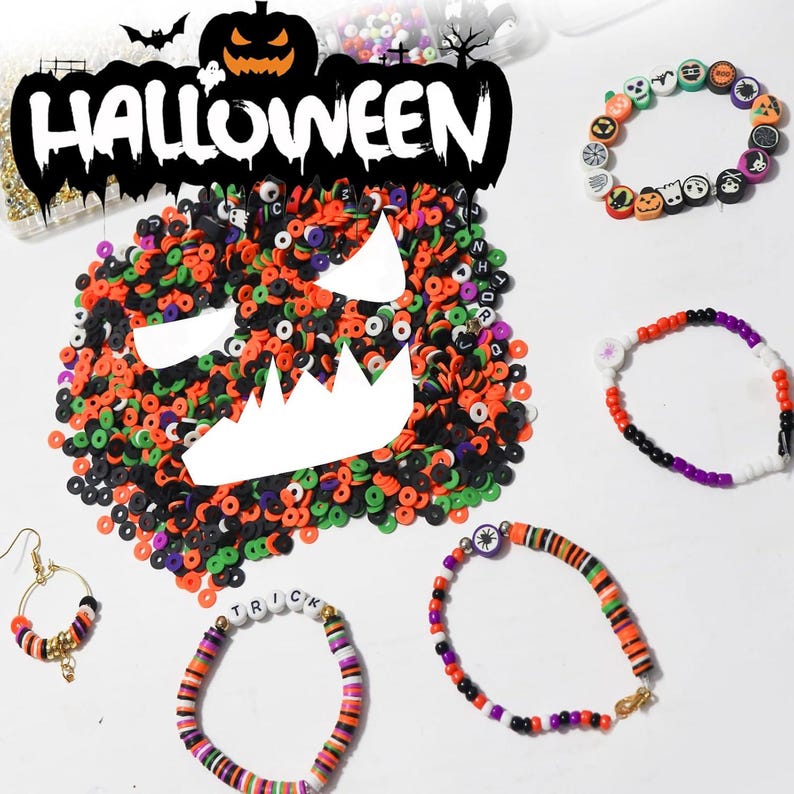May include: A collection of Halloween-themed jewelry making supplies including a large pile of orange, black, green, and purple clay disc beads, several finished beaded bracelets, and hoop earrings. The image features the text HALLOWEEN.