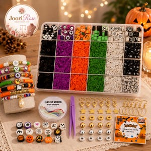 May include: A Halloween-themed jewelry making kit featuring a clear plastic organizer box filled with colorful clay disc beads, alphabet beads, and holiday-themed charms. Includes elastic string, purple tweezers, gold-tone earring hooks, and spacers.